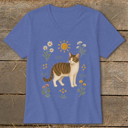 Blue t-shirt with a graphic of a brown and white tabby cat surrounded by flowers and sun.