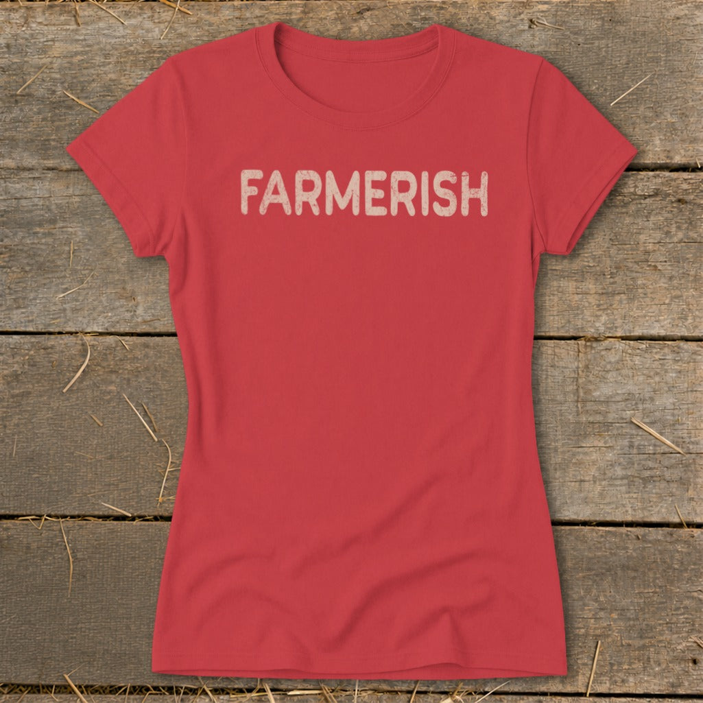 Red t-shirt with "FARMERISH" text in distressed cream font.