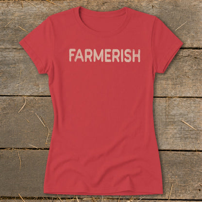 Red t-shirt with "FARMERISH" text in distressed cream font.