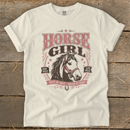Cream t-shirt with "Horse Girl" graphic featuring a horse head, "Ride Bold," and "Live Wild."