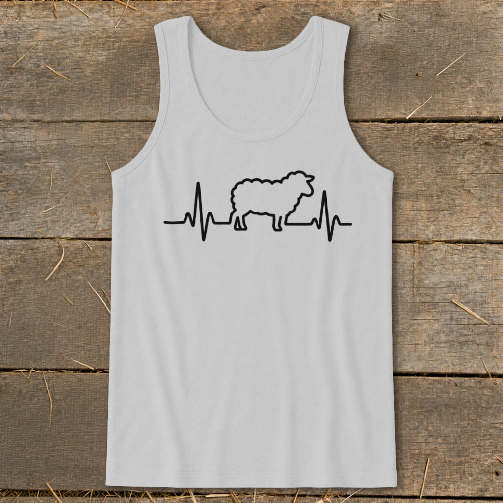 Light gray tank top featuring a black sheep graphic integrated into an ECG heartbeat line on a wooden background.
