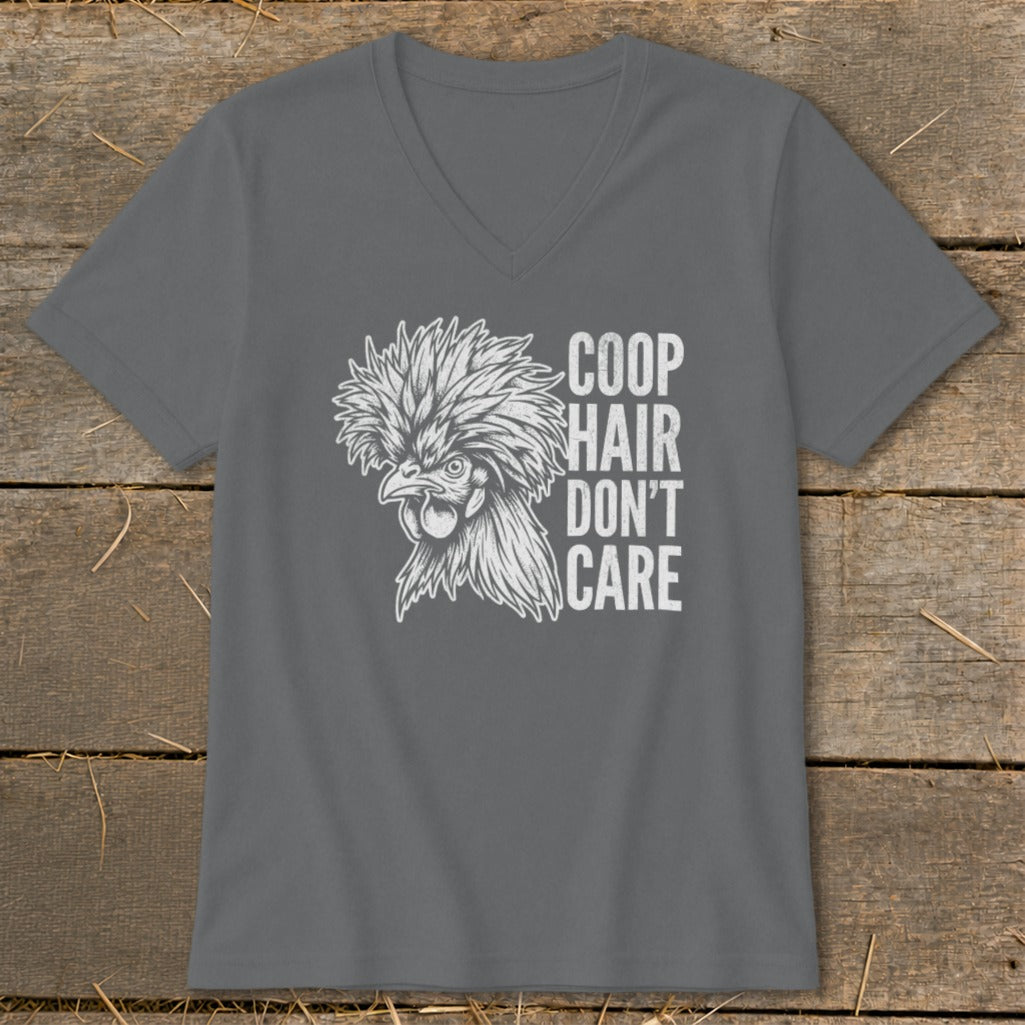 Gray v-neck t-shirt with a stylized chicken and text: "COOP HAIR DON'T CARE."