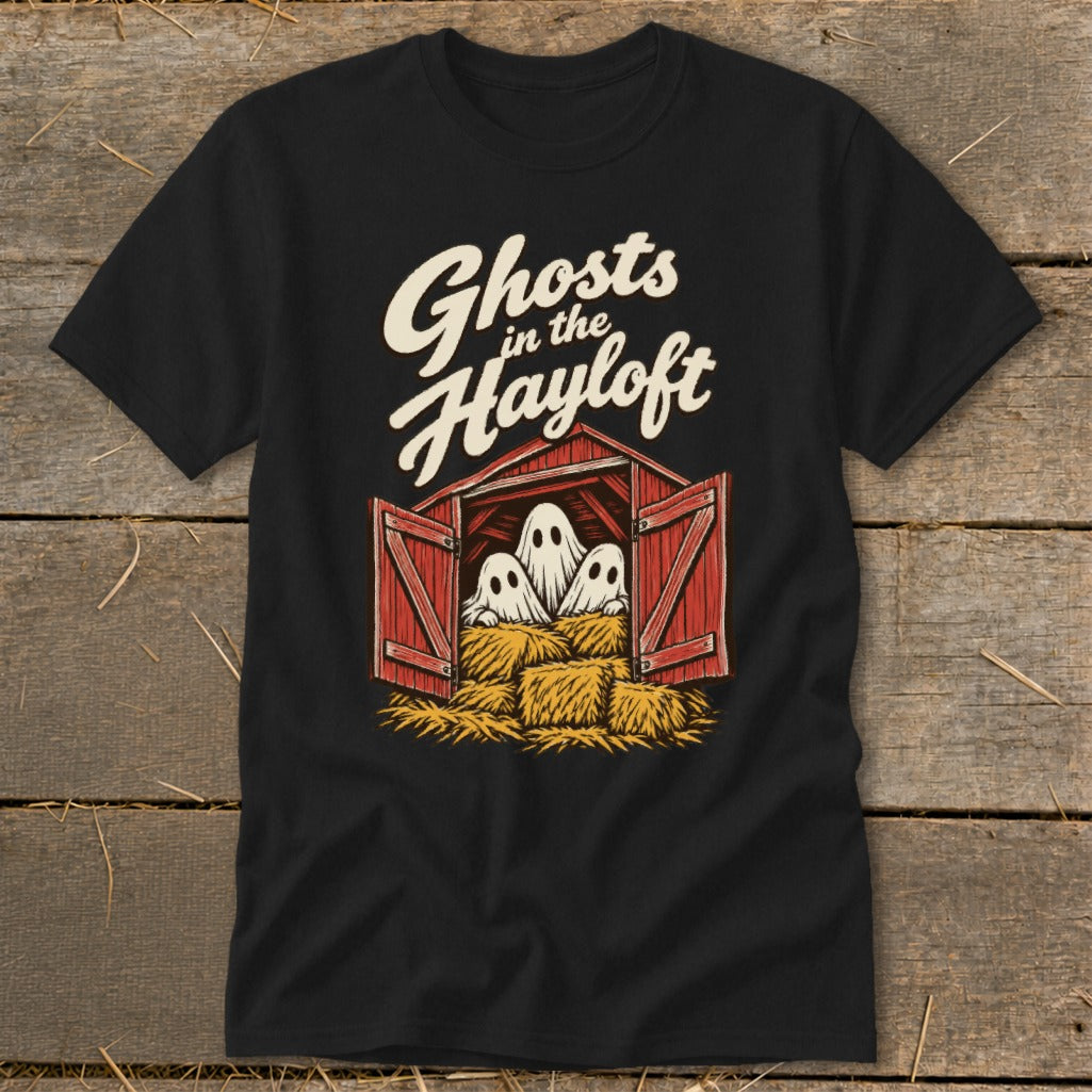 Black t-shirt with "Ghosts in the Hayloft" text and three ghosts in a barn.