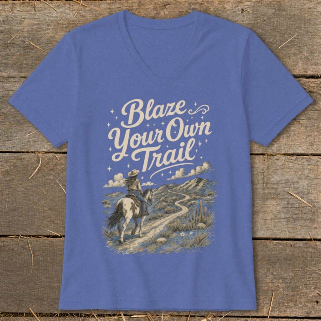 Blue t-shirt with "Blaze Your Own Trail" text and a rider on horseback.