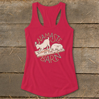 Pink tank top with "Namaste in the Barn" graphic featuring goats.