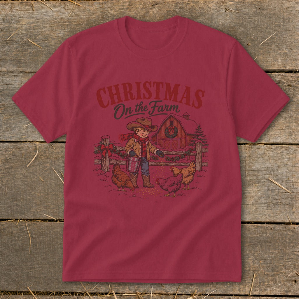 Christmas On the Farm graphic with a boy feeding chickens.
