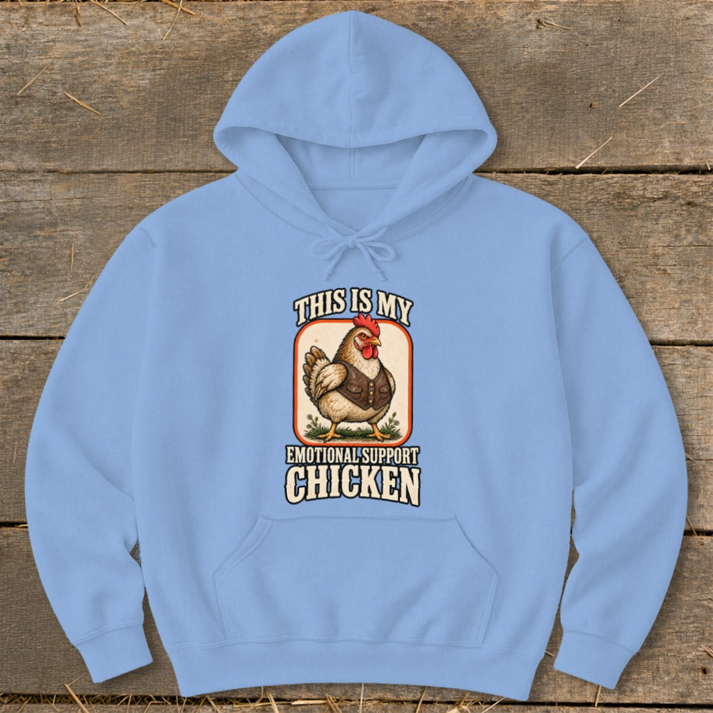 Light blue hoodie with "This Is My Emotional Support Chicken" graphic.