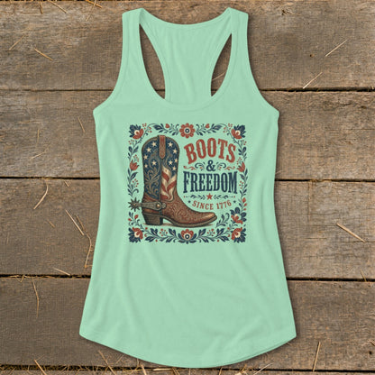 Tank top with a cowboy boot graphic and text "Boots & Freedom Since 1776".