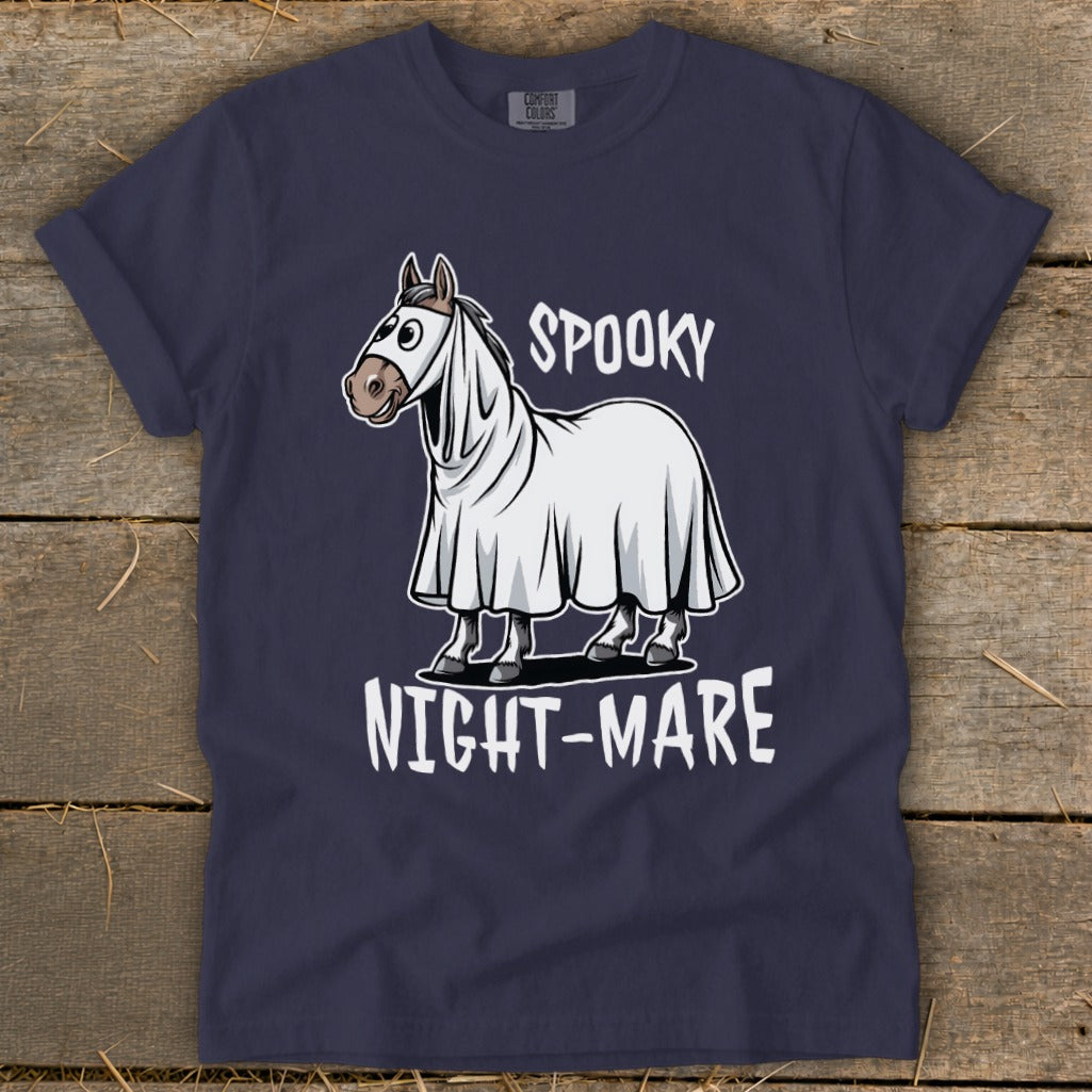 Horse wearing a ghost costume with "Spooky Night-Mare" text.