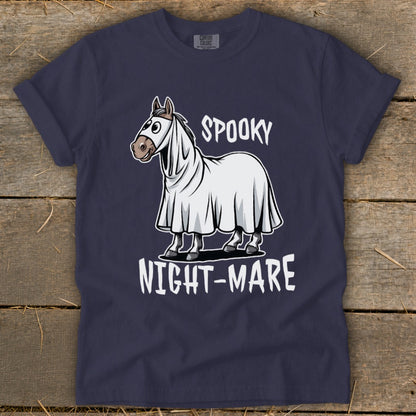 Horse wearing a ghost costume with "Spooky Night-Mare" text.