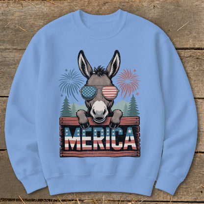 Donkey wearing American flag sunglasses holds sign that says "MERICA" with fireworks.