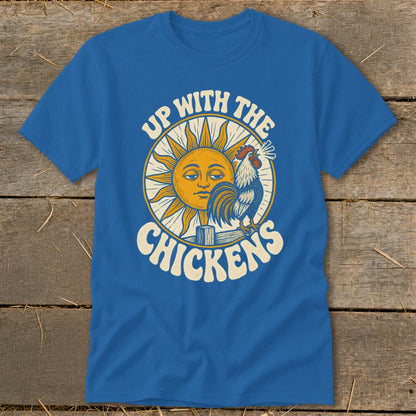Royal blue t-shirt featuring a retro sun graphic with a crowing rooster and the text Up With The Chickens.