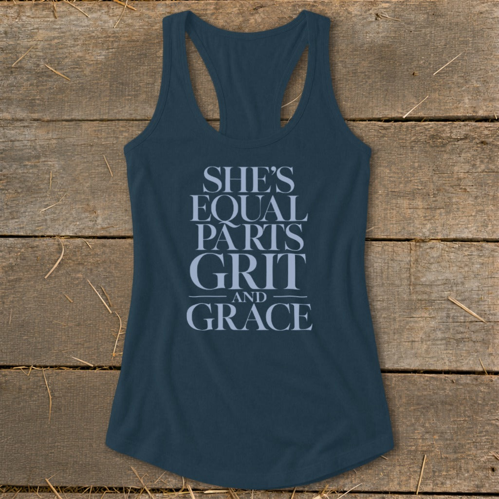 Dark blue racerback tank top with text "She's equal parts grit and grace."