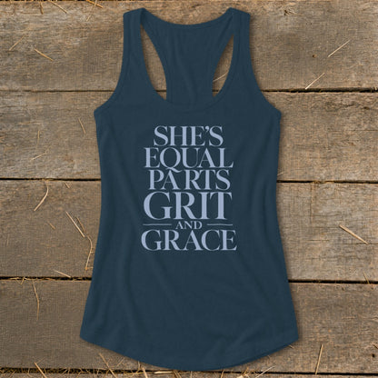 Dark blue racerback tank top with text "She's equal parts grit and grace."