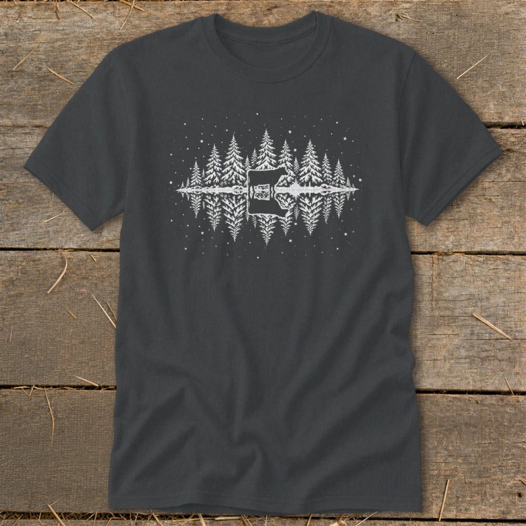 Dark gray t-shirt with a white silhouette of trees, a bear, and its reflection in water.