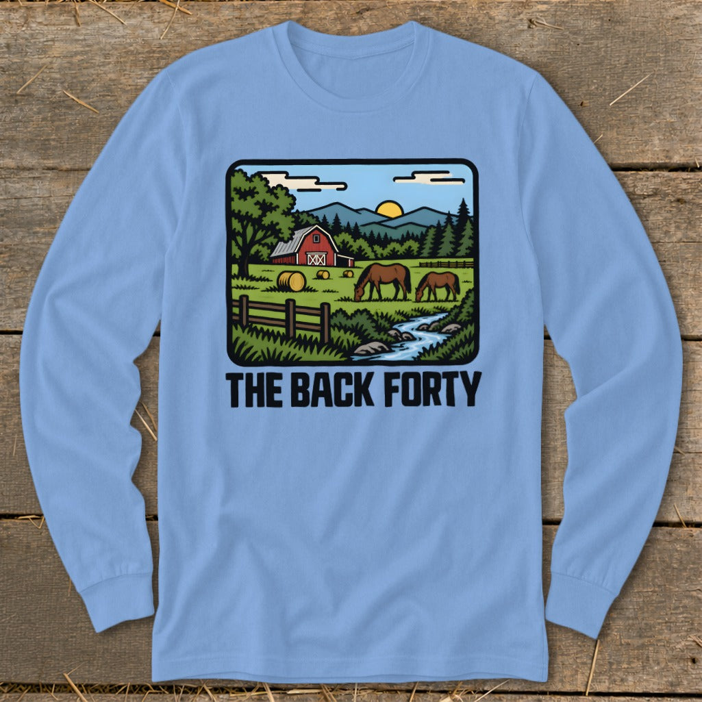 A light blue long-sleeve shirt displays a farm illustration with two horses, a red barn, and the text "THE BACK FORTY."