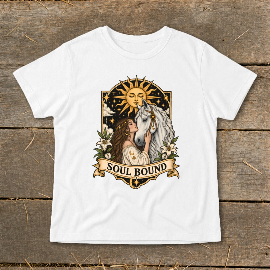 Woman and white horse with sun and stars, reads "SOUL BOUND".