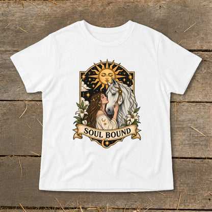 Woman and white horse with sun and stars, reads "SOUL BOUND".