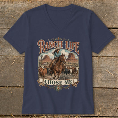 Ranch Life Chose Me graphic on a navy v-neck t-shirt.