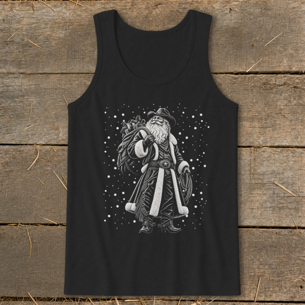Cowboy Santa illustration with sack of gifts and lasso on black tank top.
