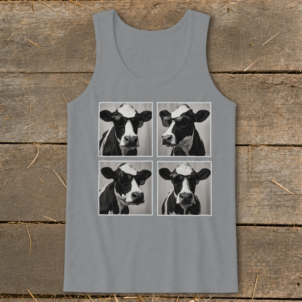 Gray tank top with four black and white images of cows wearing sunglasses.