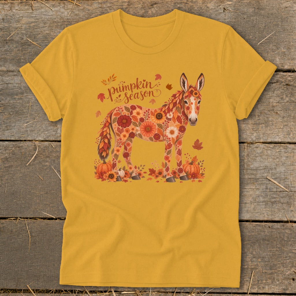 Donkey adorned with autumnal flowers, pumpkins, and leaves with "Pumpkin Season" text.