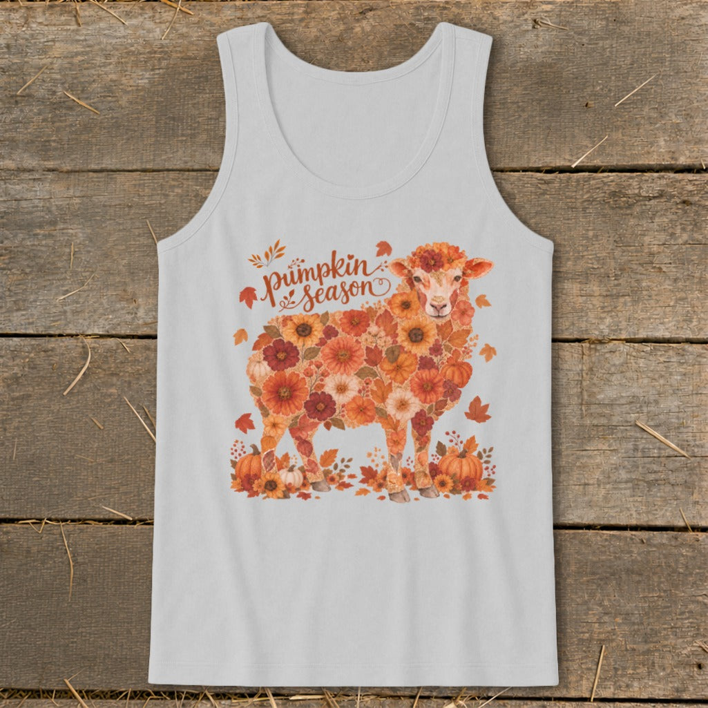 Light gray tank top with a floral sheep graphic and "Pumpkin Season" text.
