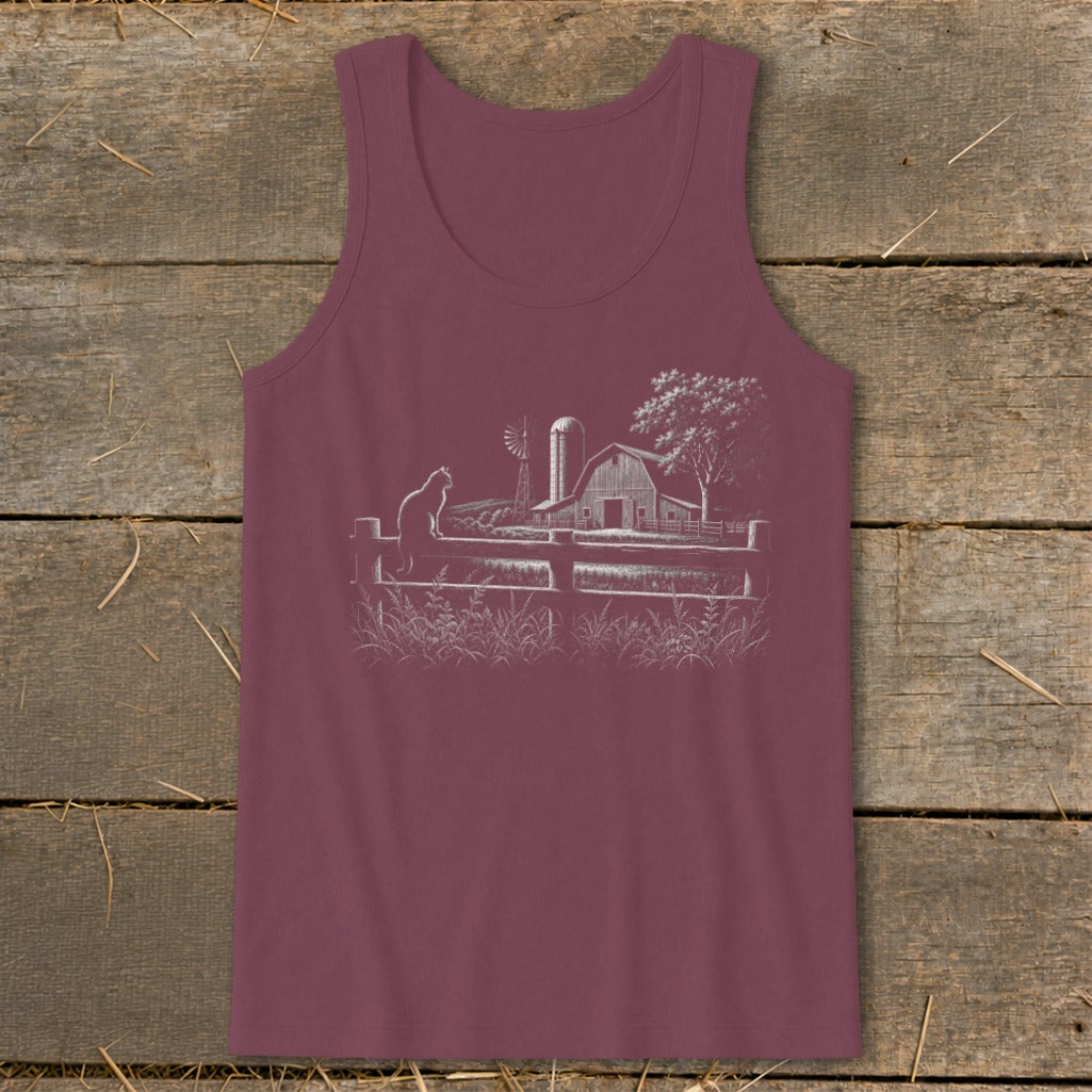 Burgundy tank top with a white line drawing of a farm scene featuring a cat on a fence.