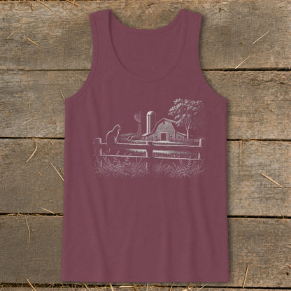 Burgundy tank top with a white line drawing of a farm scene featuring a cat on a fence.