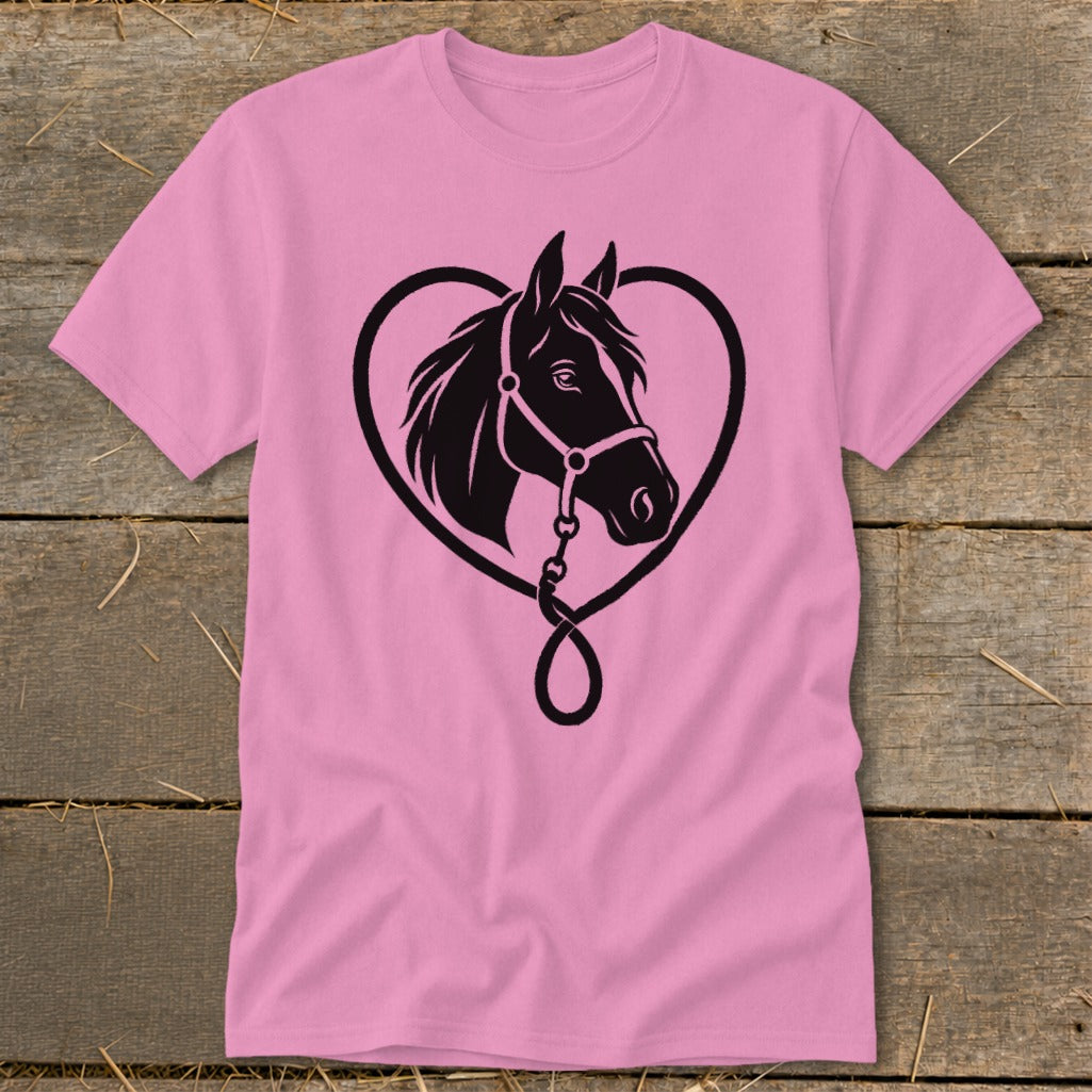 Pink t-shirt with a black graphic of a horse head framed by a heart shape.