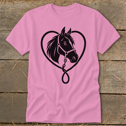 Pink t-shirt with a black graphic of a horse head framed by a heart shape.