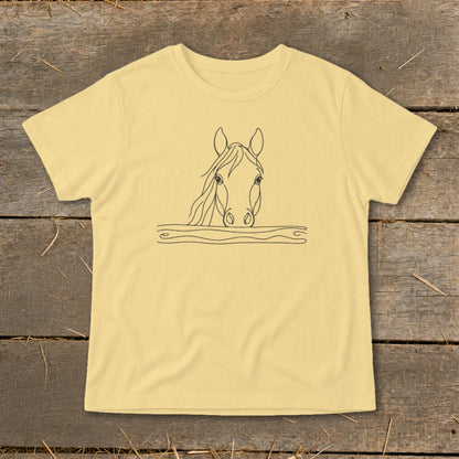 Line drawing of horse head above wavy lines on a pale yellow t-shirt.