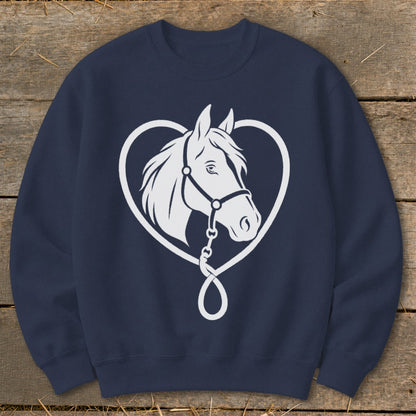 Navy blue crewneck sweatshirt featuring a white graphic of a horse's head framed by a heart shape.