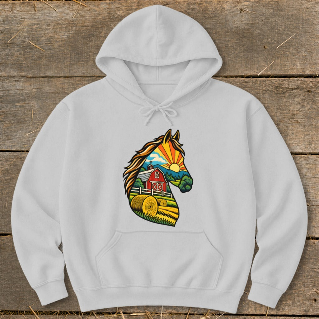 Light gray hooded sweatshirt featuring a stylized horse profile graphic filled with a rural landscape illustration.