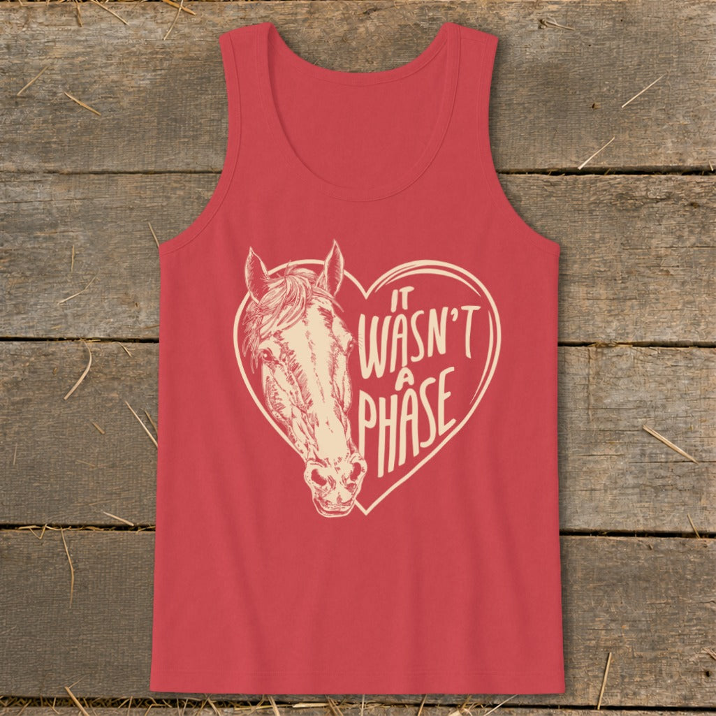 Red tank top with horse head inside heart graphic and text.