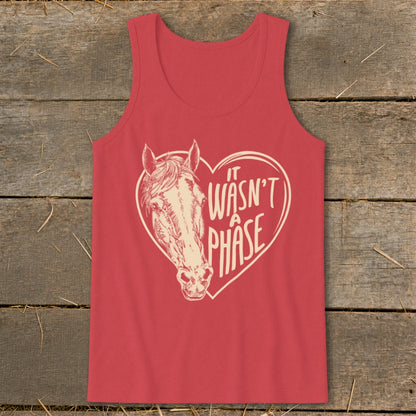 Red tank top with horse head inside heart graphic and text.
