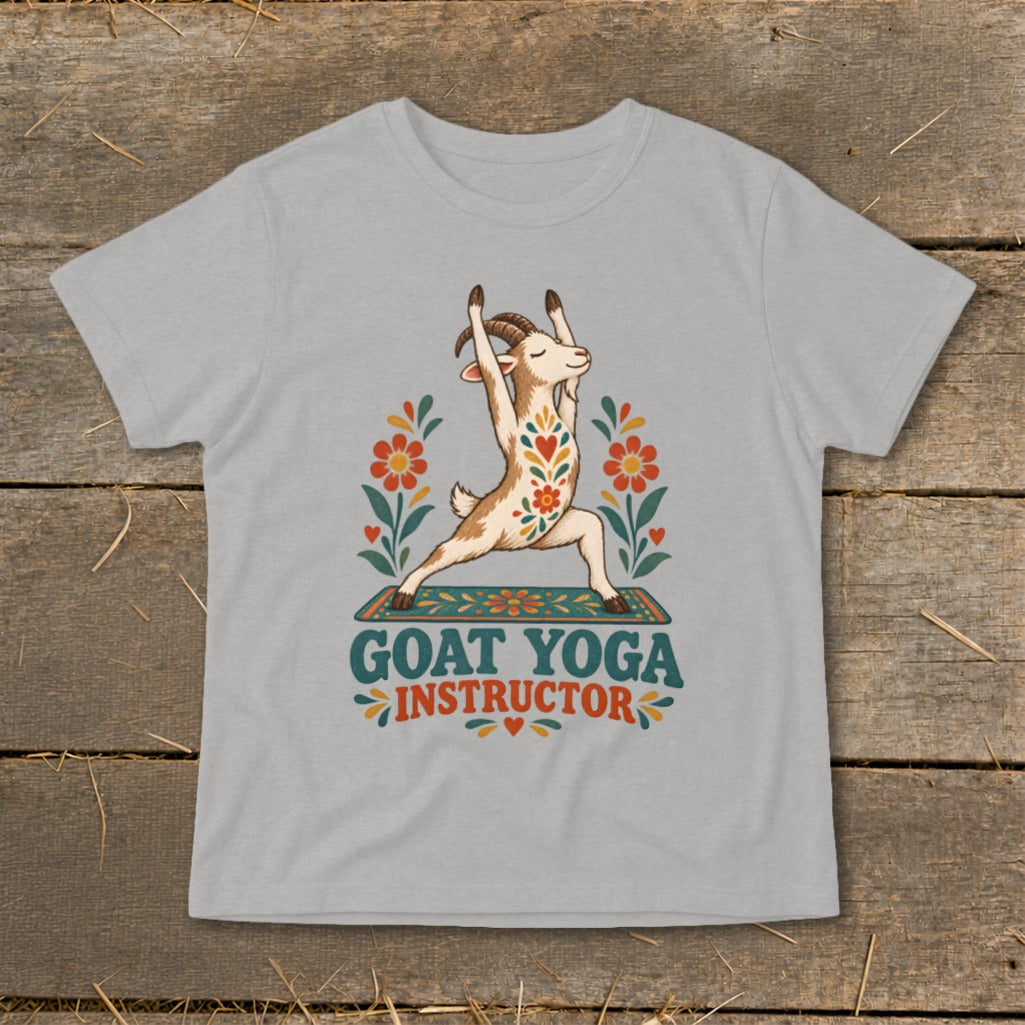 Goat in yoga pose with floral accents and "Goat Yoga Instructor" text.