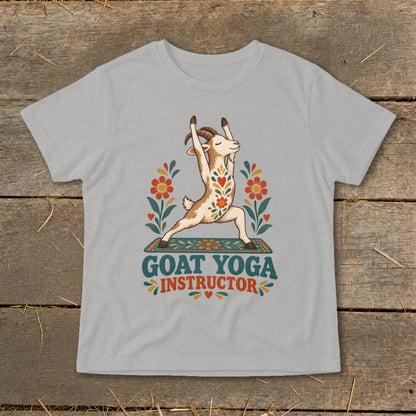 Goat in yoga pose with floral accents and "Goat Yoga Instructor" text.