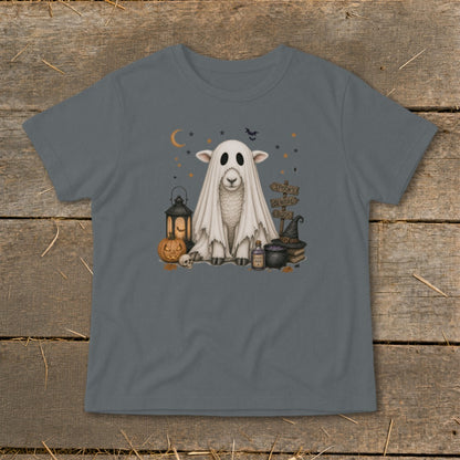Sheep dressed as a ghost with Halloween decorations and signs.