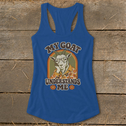 Blue tank top with "My Goat Understands Me" text and a goat wearing glasses.