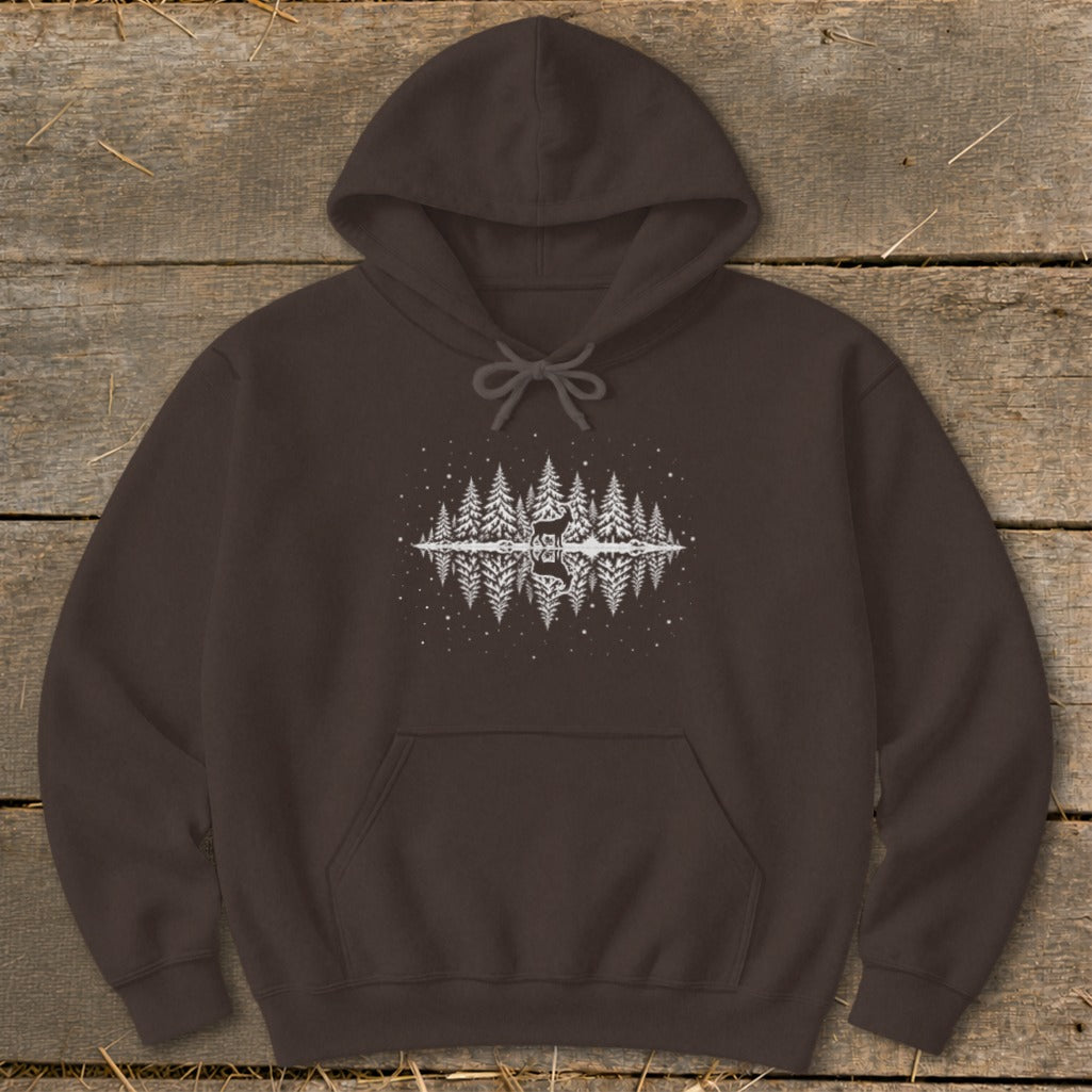 Brown hoodie with white graphic of deer in snowy forest reflected in water.