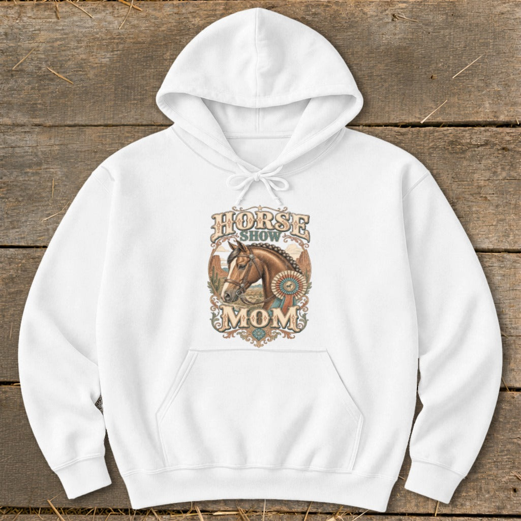 White hoodie with "Horse Show Mom" graphic featuring a horse head and ribbon.