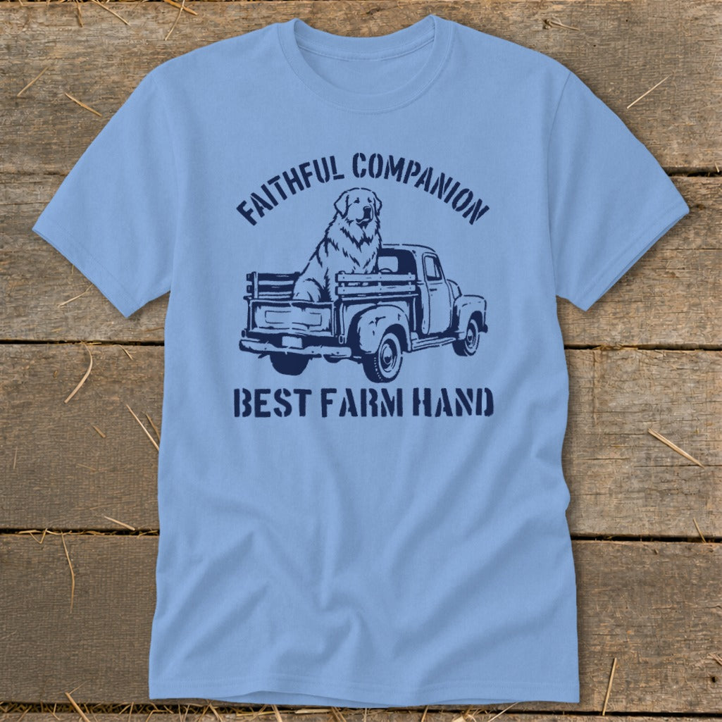 Light blue t-shirt with a navy graphic of a dog in a truck and text.