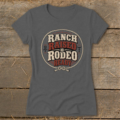 Ranch Raised Rodeo Ready text design on a gray t-shirt with rope border.