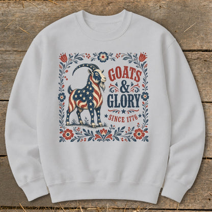 Goats & Glory Since 1776 graphic on a white sweatshirt with floral border.