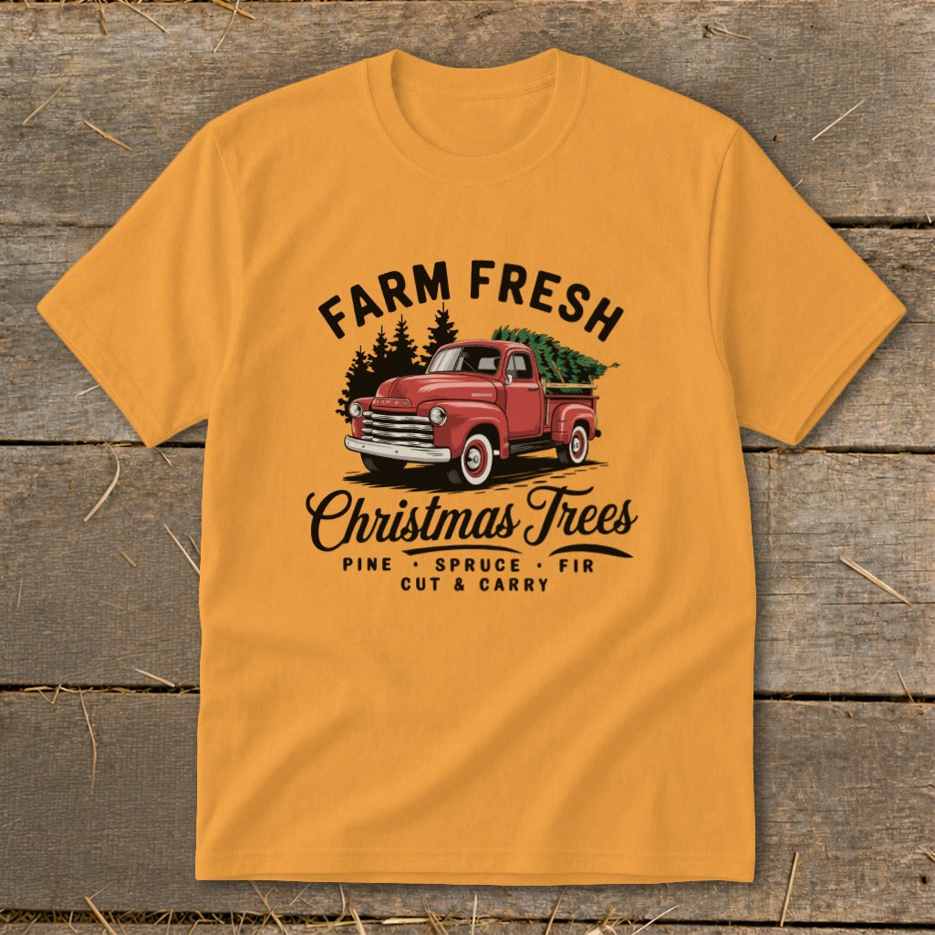 Farm Fresh Christmas Trees graphic with red truck and pine trees.