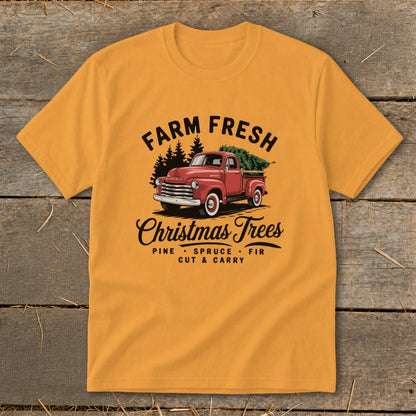 Farm Fresh Christmas Trees graphic with red truck and pine trees.
