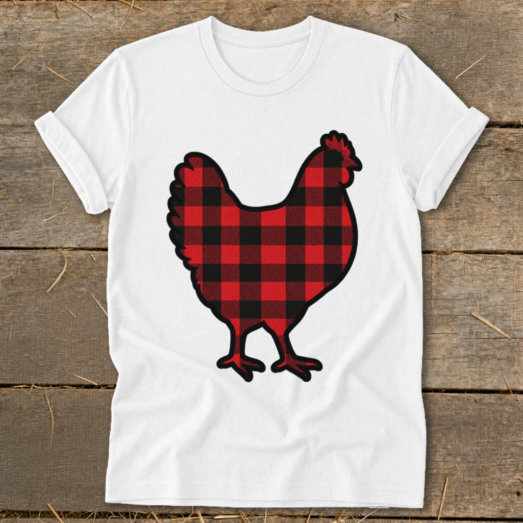 White t-shirt with a buffalo plaid chicken graphic.