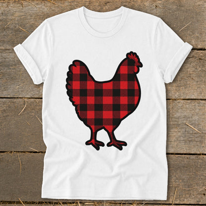 White t-shirt with a buffalo plaid chicken graphic.
