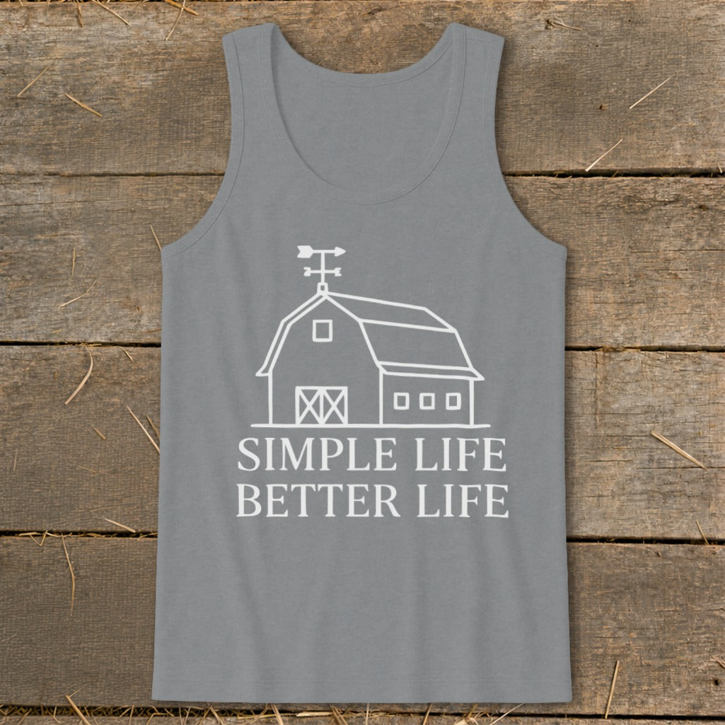 Gray tank top with white barn graphic and text "SIMPLE LIFE BETTER LIFE".